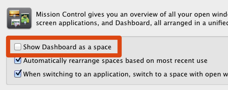 Uncheck "Display Dashboard as a space" Uncheck "Display Dashboard as a space"