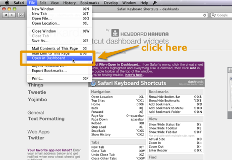 Select Open in Dashboard from Safari's File menu.