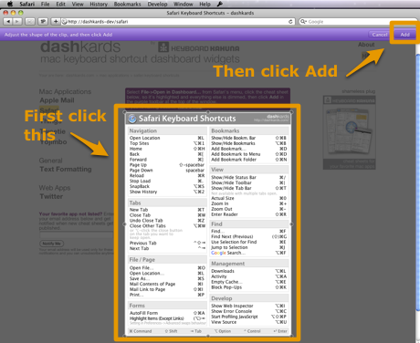 Click the Safari dashkard and then click Add in the purple toolbar.